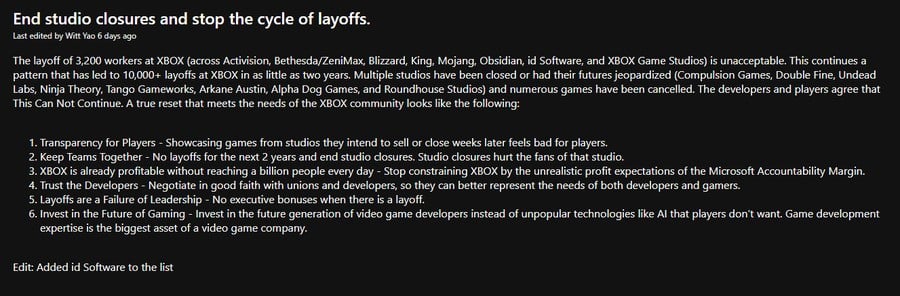 Fan Demand For Xbox To "End Studio Closures" Trends On Player Voice Portal 2