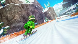 During the skiing event, crouching down allows you to build up more speed, but turning is harder