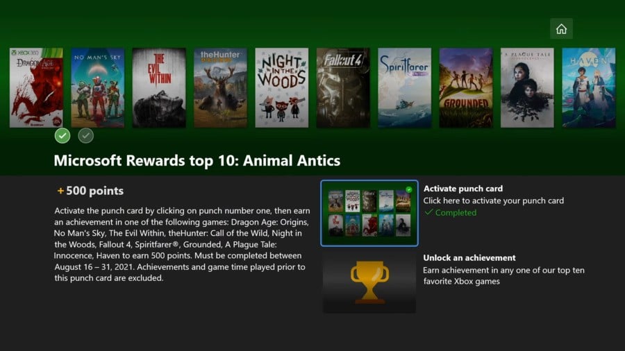 Microsoft Rewards Animal Antics Punch Card 500 Points